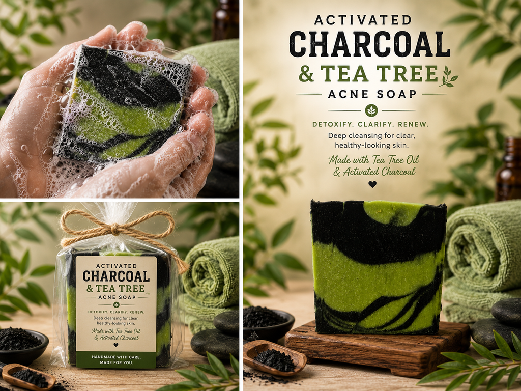 Activated Charcoal Tea Tree Soap Bar – Handmade, Acne-Prone Skin, 5 oz
