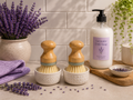 Lavender Dish Soap Bar with Bamboo Scrub Brush — White Ceramic Ramekin 4 oz