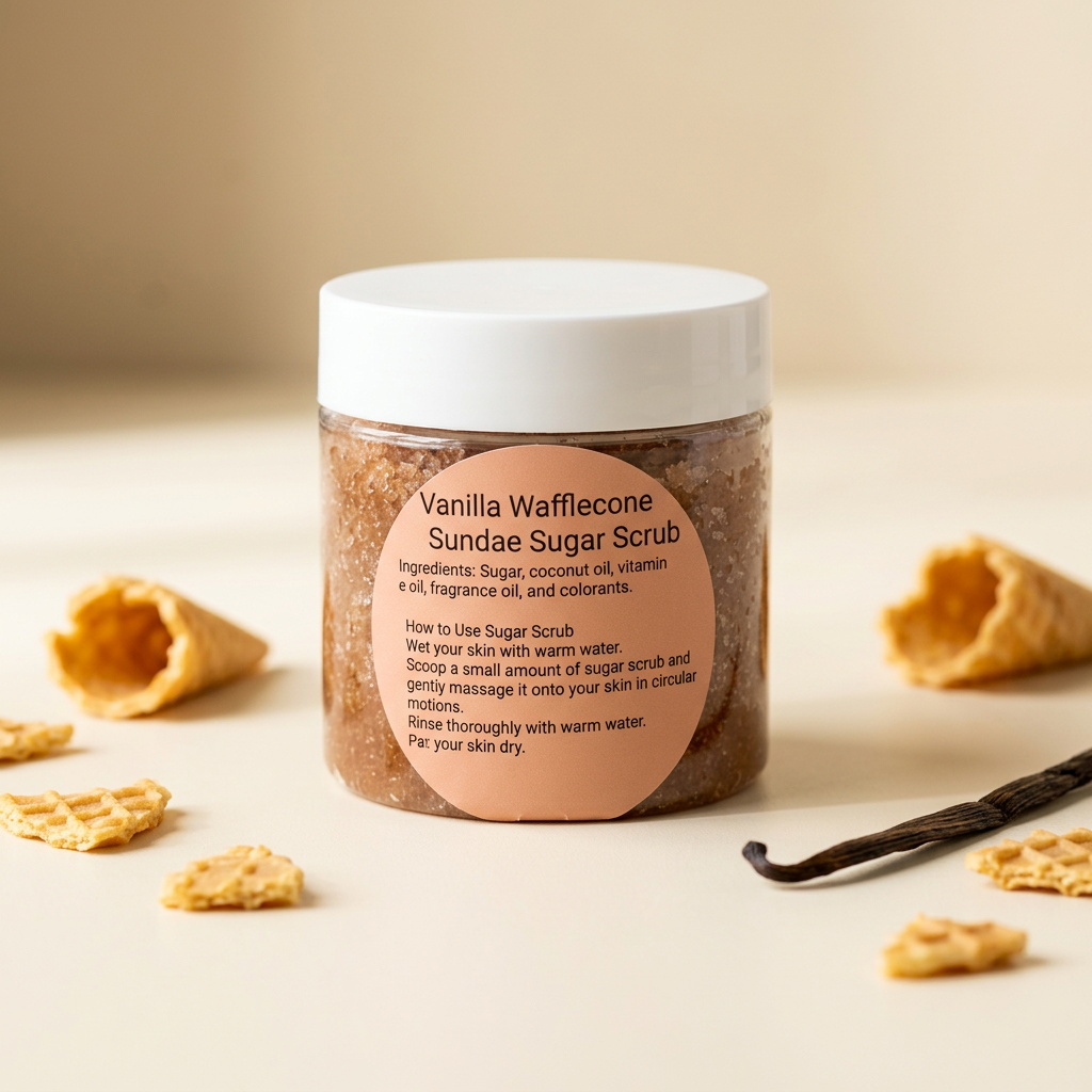 Closed Vanilla Waffle Cone Sundae sugar scrub with styled background