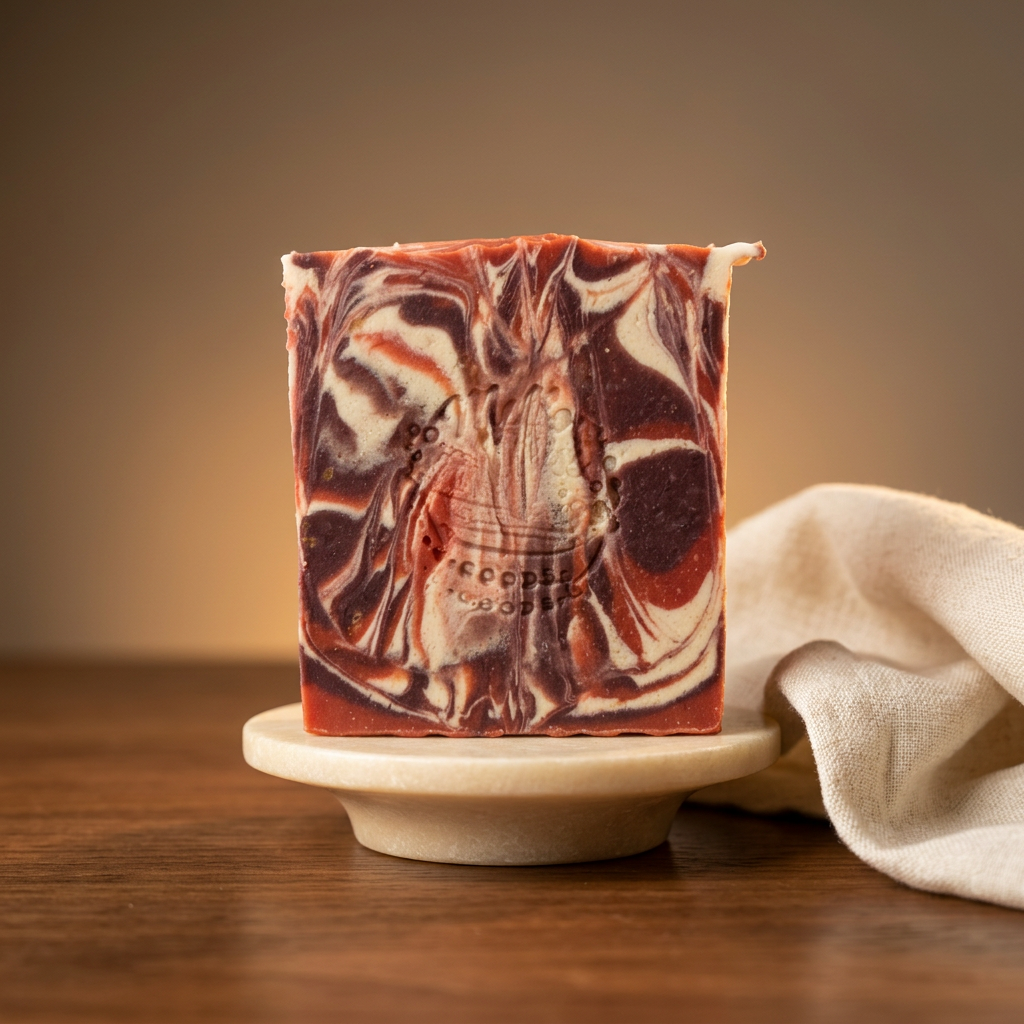 Dark Amber Rosewood soap with an elegant warm-toned background