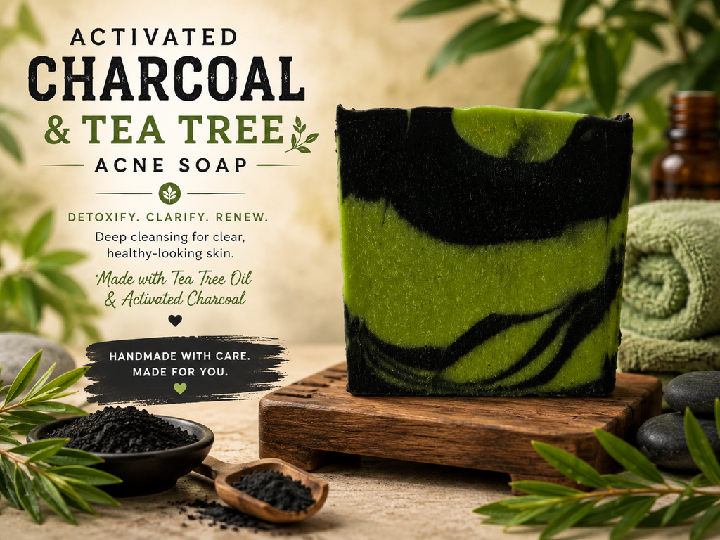Activated Charcoal Tea Tree Soap Bar – Handmade, Acne-Prone Skin, 5 oz