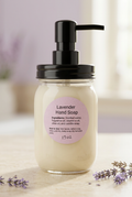 Lavender hand soap with a soft lavender and cream background