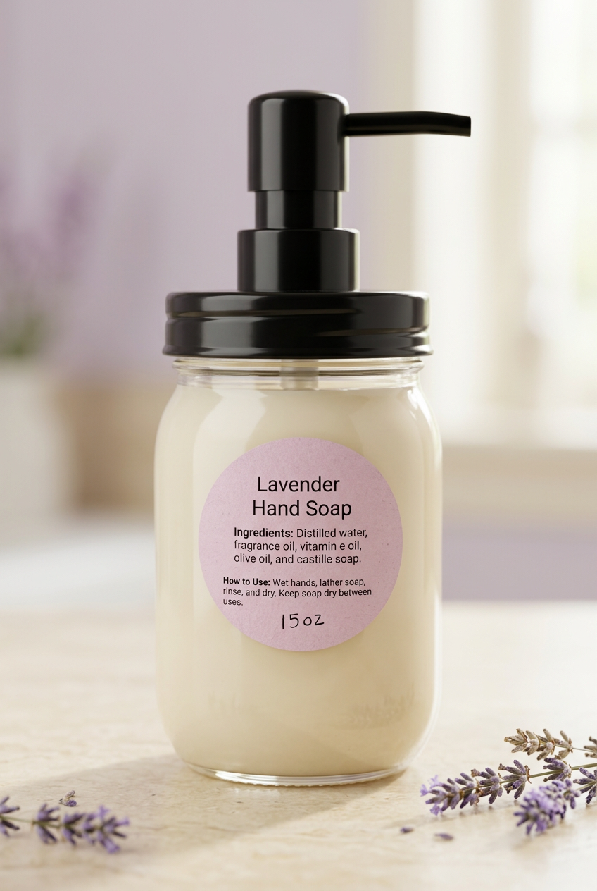 Lavender hand soap with a soft lavender and cream background