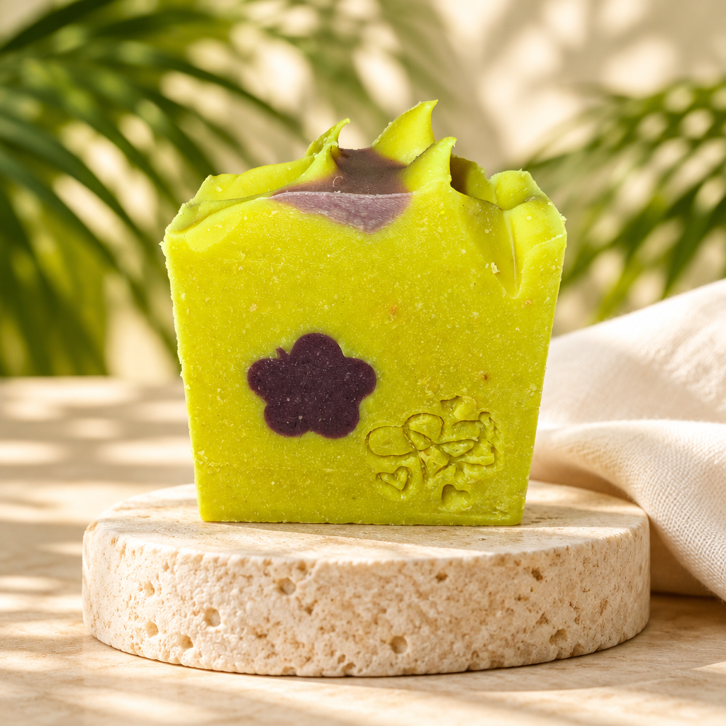 Monkey Farts soap with a bright tropical-inspired background