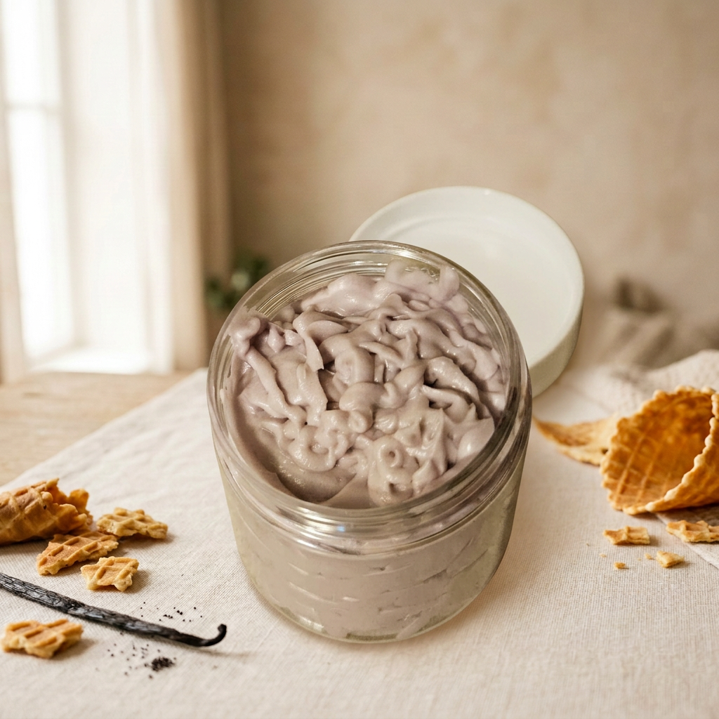 Open body butter jar on a vanilla waffle cone background