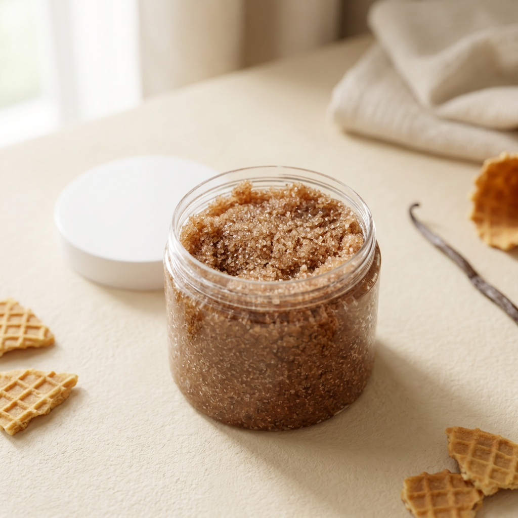 Open Vanilla Waffle Cone Sundae sugar scrub with styled background