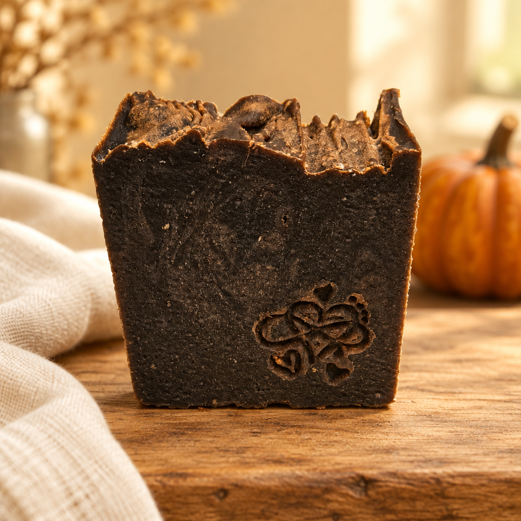 Vanilla Pumpkin Marshmallow soap with a cozy autumn background